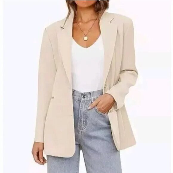 MEROKEETY Casual Blazer Long Sleeve Lapel Open Front Double Button - Apricot - Picture 1 of 7